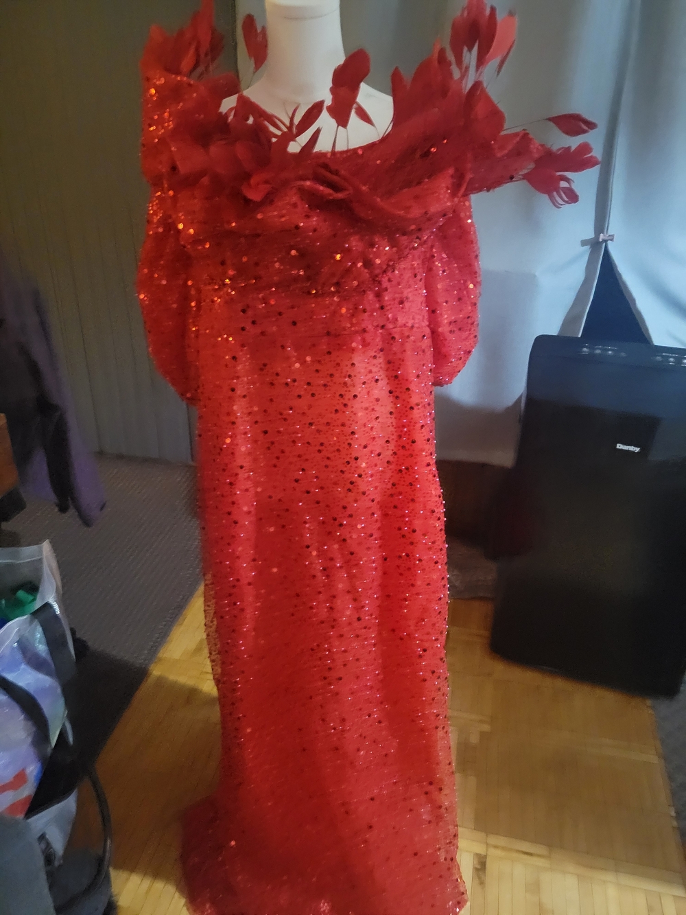 Red Sequin Evening Gown with Feathered Neckline